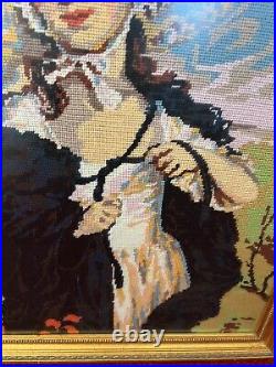 Vintage large Framed Tapestry English Needlepoint Lady in bonnet & cloak