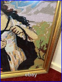 Vintage large Framed Tapestry English Needlepoint Lady in bonnet & cloak