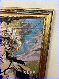 Vintage large Framed Tapestry English Needlepoint Lady in bonnet & cloak