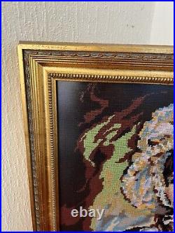 Vintage large Framed Tapestry English Needlepoint Lady in bonnet & cloak