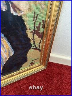 Vintage large Framed Tapestry English Needlepoint Lady in bonnet & cloak