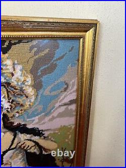 Vintage large Framed Tapestry English Needlepoint Lady in bonnet & cloak