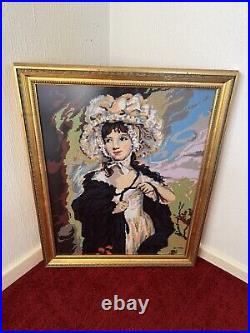 Vintage large Framed Tapestry English Needlepoint Lady in bonnet & cloak