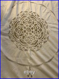 Vtg Antique Linen Lace Embroidered Banquet Tablecloth & 6 Napkins 102x102HUGE