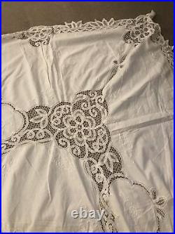 Vtg Antique Linen Lace Embroidered Banquet Tablecloth & 6 Napkins 102x102HUGE